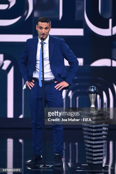 Lionel Scaloni speaks to the audience after being presented with the Best FIFA Men's Coach 2022 award during The Best FIFA Football Awards 2022 on...
