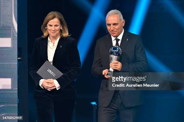 Jill Ellis and Hristo Stoichkov prepare to announce the winner of the FIFA Best Women's Coach 2022 award during The Best FIFA Football Awards 2022 on...