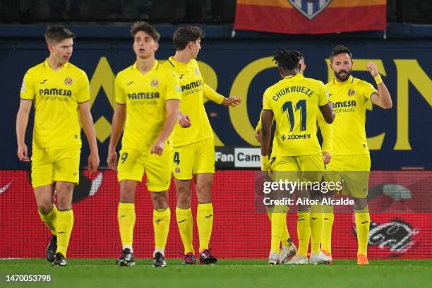 Jose Luis Morales of Villarreal CF celebrates with teammates after scoring the team's second goal during the LaLiga Santander match between...