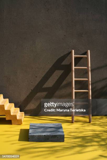 staircase on a yellow background with branches shadow. development. direction. the concept of growth and development. podium for goods or any object. - lageplan stockfoto's en -beelden