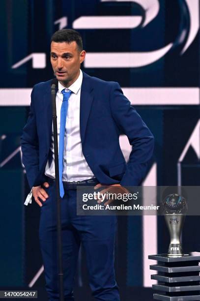 Lionel Scaloni speaks to the audience after being presented with the Best FIFA Men's Coach 2022 award during The Best FIFA Football Awards 2022 on...