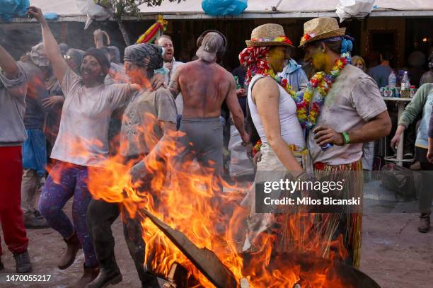 Revellers celebrate Clean Monday with a colourful flour-war on February 27, 2023 in Galaxidi, Greece. Clean Monday, also known as pure Monday, marks...