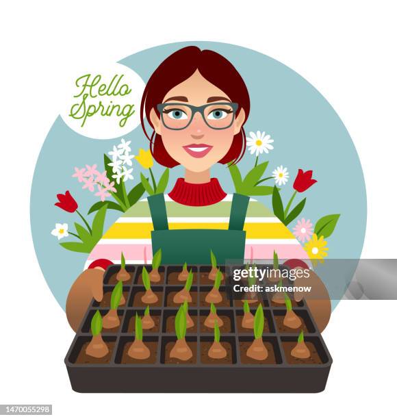 young gardener with flower bulbs - freckles stock illustrations