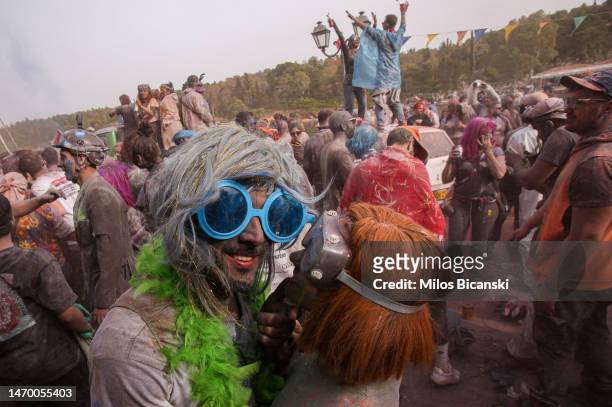 Revellers celebrate Clean Monday with a colourful flour-war on February 27, 2023 in Galaxidi, Greece. Clean Monday, also known as pure Monday, marks...