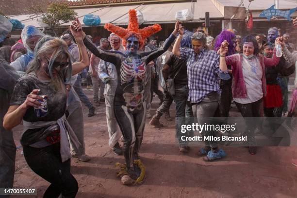 Revellers celebrate Clean Monday with a colourful flour-war on February 27, 2023 in Galaxidi, Greece. Clean Monday, also known as pure Monday, marks...