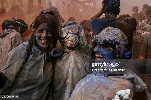 Revellers celebrate Clean Monday with a colourful flour-war on February 27, 2023 in Galaxidi, Greece. Clean Monday, also known as pure Monday, marks...