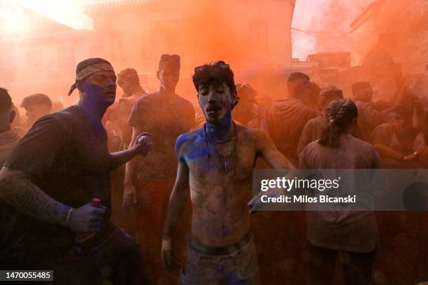 Revellers celebrate Clean Monday with a colourful flour-war on February 27, 2023 in Galaxidi, Greece. Clean Monday, also known as pure Monday, marks...