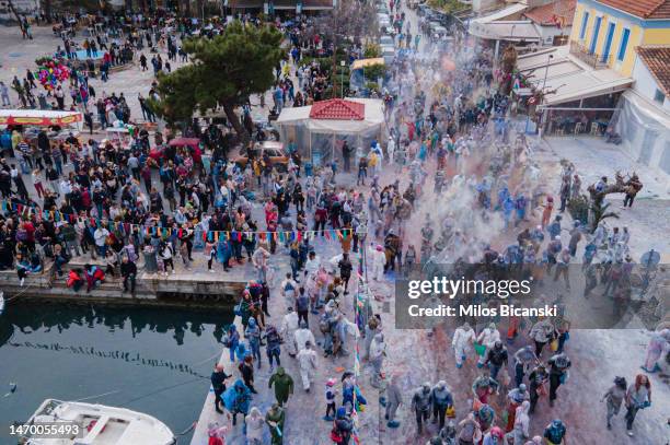 Revellers celebrate Clean Monday with a colourful flour-war on February 27, 2023 in Galaxidi, Greece. Clean Monday, also known as pure Monday, marks...