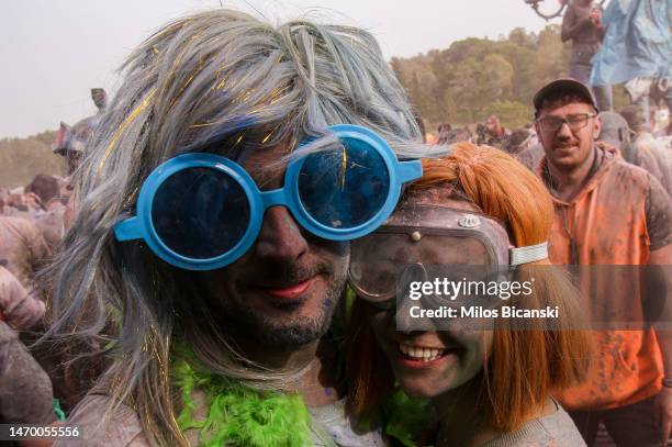 Revellers celebrate Clean Monday with a colourful flour-war on February 27, 2023 in Galaxidi, Greece. Clean Monday, also known as pure Monday, marks...