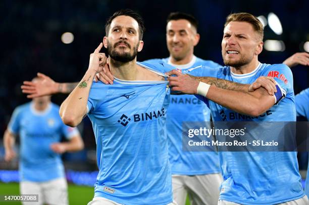 Luis Alberto of SS Lazio celebrates the opening goal with his team mate during the Serie A match between SS Lazio and UC Sampdoria at Stadio Olimpico...