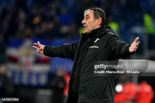 Lazio head coach Maurizio Sarri reacts during the Serie A match between SS Lazio and UC Sampdoria at Stadio Olimpico on February 27, 2023 in Rome,...