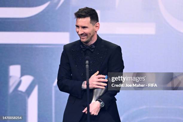 Lionel Messi poses with the Best FIFA Men's Payer 2022 award during The Best FIFA Football Awards 2022 on February 27, 2023 in Paris, France.