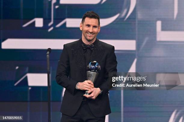 Lionel Messi poses with the Best FIFA Men's Payer 2022 award during The Best FIFA Football Awards 2022 on February 27, 2023 in Paris, France.