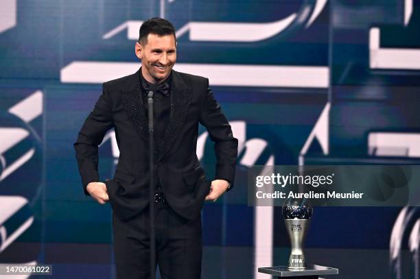 Lionel Messi speaks to the audience after being awarded with the Best FIFA Men's Payer 2022 award during The Best FIFA Football Awards 2022 on...