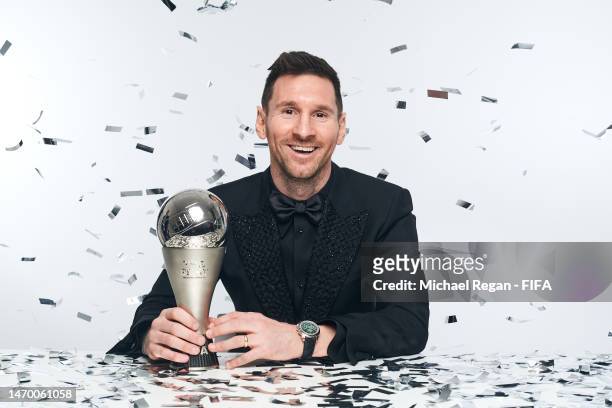 Lionel Messi poses for a portrait after winning the Best FIFA Men's Player 2022 award at The Best FIFA Football Awards 2022 on February 27, 2023 in...