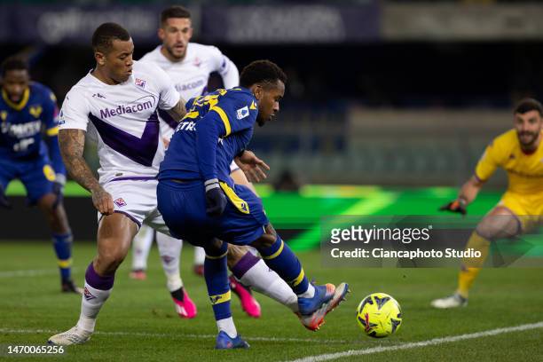 Jayden Braaf of Hellas Verona FC competes for the ball with Igor of ACF Fiorentina during the Serie A match between Hellas Verona and ACF Fiorentina...