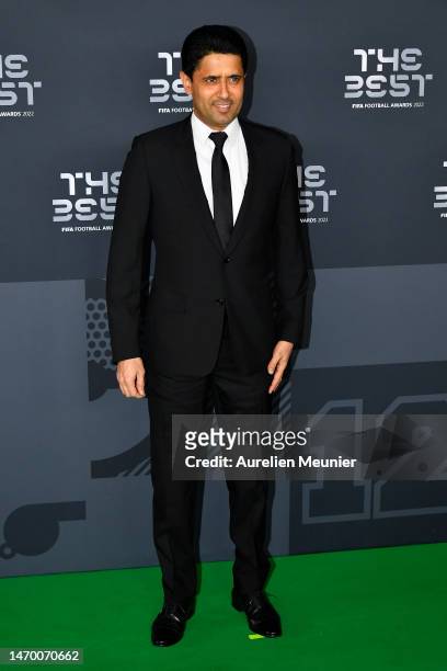 Nasser Al-Khelaifi poses for a photo on the Green Carpet ahead of The Best FIFA Football Awards 2022 on February 27, 2023 in Paris, France.