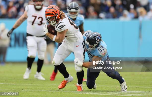 Hayden Hurst of the Cincinnati Bengals against the Tennessee Titans at Nissan Stadium on November 27, 2022 in Nashville, Tennessee.