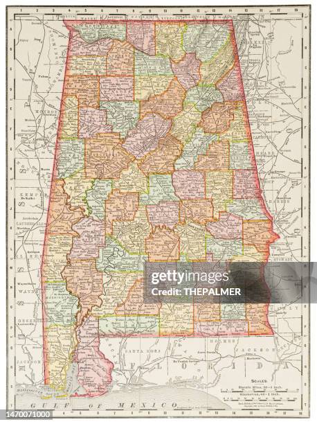 ilustrações, clipart, desenhos animados e ícones de mapa do estado do alabama, eua 1899 - alabama