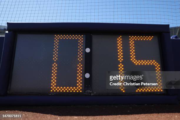 Detail of the pitch clock during the spring training game between the Los Angeles Dodgers and the San Diego Padres at Peoria Stadium on February 27,...