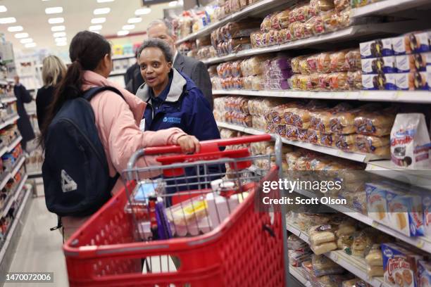 Chicago Mayor Lori Lightfoot campaigns in the Uptown neighborhood on February 27, 2023 in Chicago, Illinois. Lightfoot is in a tight race for...