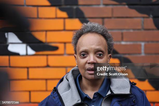 Chicago Mayor Lori Lightfoot speaks to reporters before campaigning in the Uptown neighborhood on February 27, 2023 in Chicago, Illinois. Lightfoot...