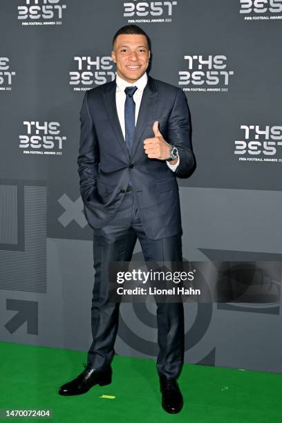 Kylian Mbappe poses for a photo on the Green Carpet ahead of The Best FIFA Football Awards 2022 on February 27, 2023 in Paris, France.