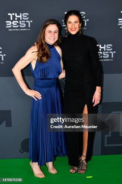 Heather O'Reilly and Carli Lloyd poses for a photo on the Green Carpet ahead of The Best FIFA Football Awards 2022 on February 27, 2023 in Paris,...