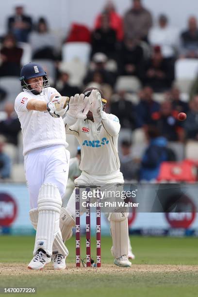 Joe Root of England bats during day five of the Second Test match in the series between New Zealand and England at the Basin Reserve on February 28,...