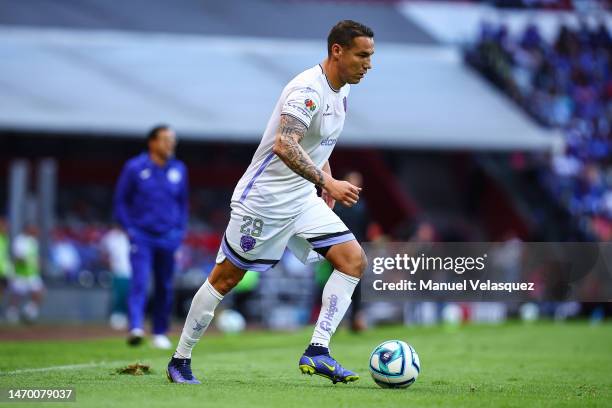 Jesús Dueñas of Juarez FC kicks the ball during a 9th round match between Cruz Azul and FC Juarez as part of Torneo Clausura 2023 Liga MX at Azteca...