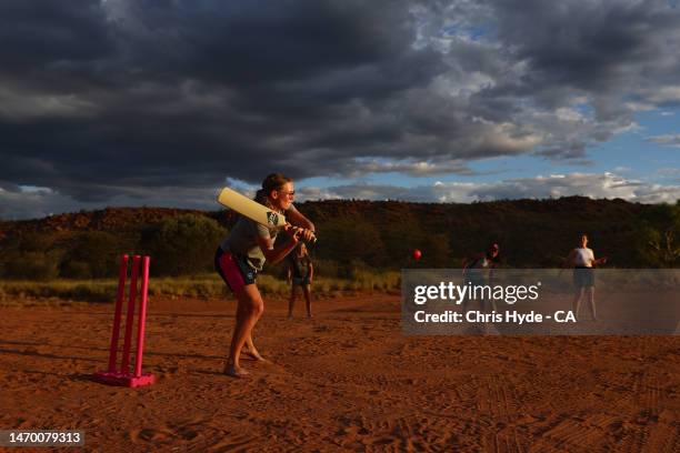 Grace Abdy of Queensland during a cricket match at a cultural visit to the Claypans during the 2023 National Indigenous Championships on February 26,...