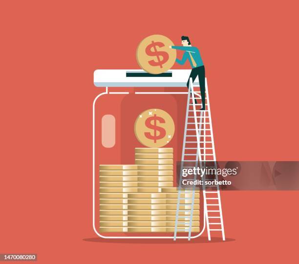 save money - businessman - bank account stock illustrations