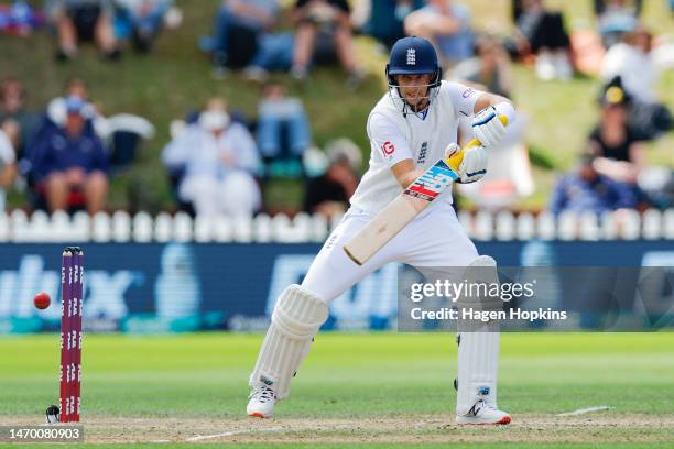 Joe Root of England bats during day five of the Second Test Match between New Zealand and England at Basin Reserve on February 28, 2023 in...