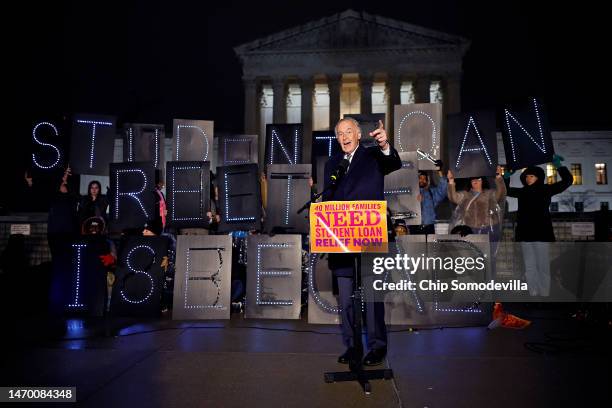 Sen. Edward Markey addresses a rally in support of the Biden administration's student debt relief plan in front of the Supreme Court the evening...