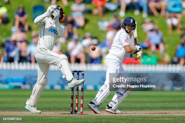 Joe Root of England bats during day five of the Second Test Match between New Zealand and England at Basin Reserve on February 28, 2023 in...