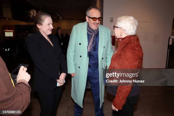 Sarah Ruhl, Elvis Costello, and Paula Vogel attend the Premiere of Sarah Ruhl's "Letters From Max" at Signature Theatre on February 27, 2023 in New...