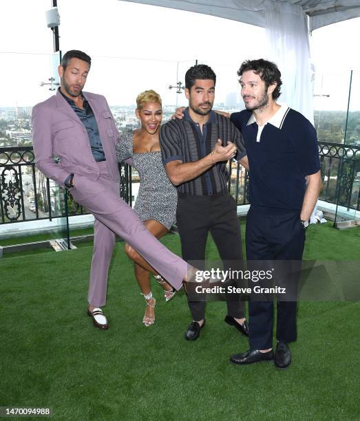 Zachary Levi, Meagan Good, D. J. Cotrona and Adam Brody poses at the Photo Call For Warner Bros. "Shazam! Fury Of The Gods" at The London West...