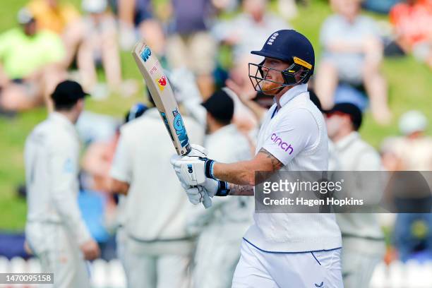 Ben Stokes of England leaves the field after being dismissed during day five of the Second Test Match between New Zealand and England at Basin...