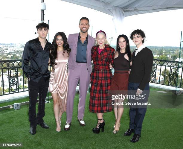 Asher Angel, Rachel Zegler, Zachary Levi, Helen Mirren, Lucy Liu, and Jack Dylan Grazer poses at the Photo Call For Warner Bros. "Shazam! Fury Of The...