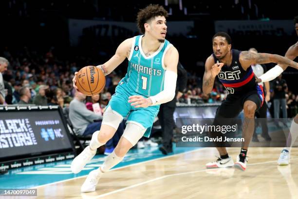 LaMelo Ball of the Charlotte Hornets drives to the basket during the second half of their basketball game against the Detroit Pistons at Spectrum...