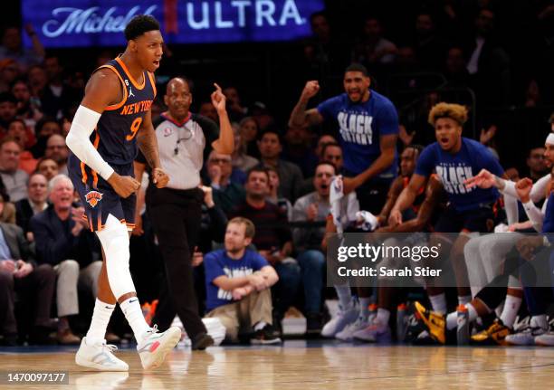 Barrett of the New York Knicks reacts during the first half against the Boston Celtics at Madison Square Garden on February 27, 2023 in New York...