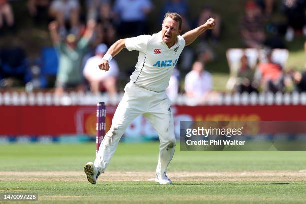 Neil Wagner of New Zealand celebrates his wicket of Joe Root of England during day five of the Second Test Match between New Zealand and England at...