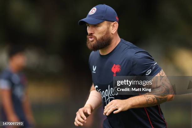 Jared Waerea-Hargreaves looks on during a Sydney Roosters NRL training session at Kippax Lake on February 28, 2023 in Sydney, Australia.