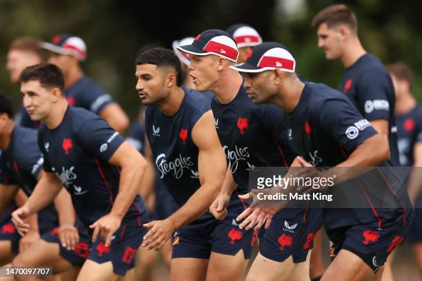 Lindsay Collins takes part in a drill during a Sydney Roosters NRL training session at Kippax Lake on February 28, 2023 in Sydney, Australia.