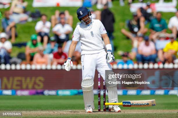 Joe Root of England drops his bat in disappointment after a mis-hit resulting in his dismissal during day five of the Second Test Match between New...