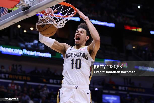 Jaxson Hayes of the New Orleans Pelicans dunks during the first half against the Orlando Magic at the Smoothie King Center on February 27, 2023 in...