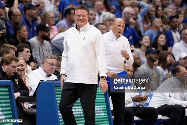 Head coach Bill Self of the Kansas Jayhawks watches his team against the West Virginia Mountaineers in the second half at Allen Fieldhouse on...