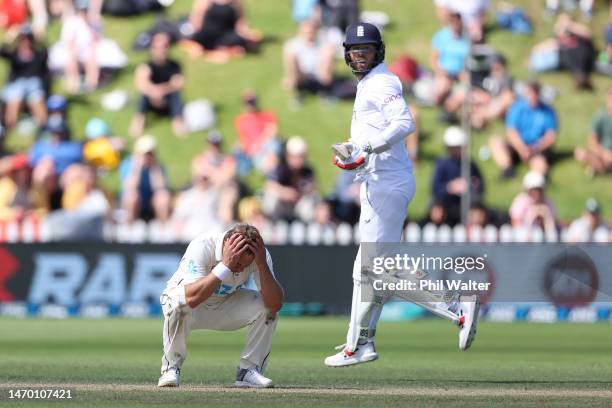 Neil Wagner of New Zealand rues a dropped catch during day five of the Second Test Match between New Zealand and England at Basin Reserve on February...