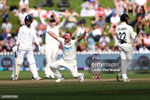 Neil Wagner of New Zealand appeals during day five of the Second Test Match between New Zealand and England at Basin Reserve on February 28, 2023 in...