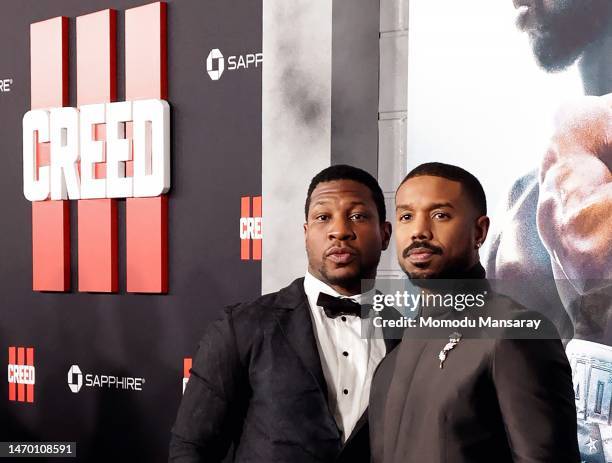 Jonathan Majors and Michael B. Jordan attend the Los Angeles Premiere of "CREED III" at TCL Chinese Theatre on February 27, 2023 in Hollywood,...